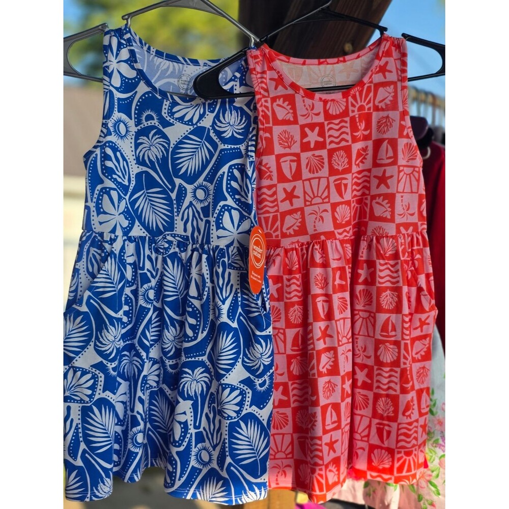 wonder nation Blue & Coral Tropical Print Sleeveless Dresses 6 S